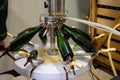 Disgorgement and adding sweet liquor procedure, traditional making champagne sparkling wine from chardonnay and pinor noir grapes