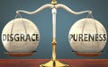 Disgrace and pureness staying in balance - pictured as a metal scale with weights and labels disgrace and pureness to symbolize