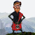 Disgruntled cartoon redhead scottish highlander in kilt stands akimbo high in the mountains