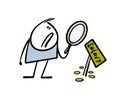 Disgruntled employee looks through a magnifying glass at his small salary. Vector illustration of a stickman, an