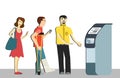 Queue at the ATM.Disgruntled people are standing in line for an isolated background.a man on crutches in the queue.terminal machin Royalty Free Stock Photo