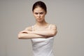 disgruntled woman elbow pain massage health studio