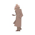 Disguised detective character in grey coat searching, private investigator, inspector or police officer vector
