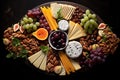 Dish of assorted cheeses, nuts, fruits, and dip on a black backdrop, AI-generated. Royalty Free Stock Photo