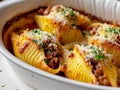Dish with baked conchiglioni stuffed with ragÃÂ¹ and Pizzottella