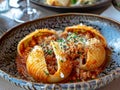 Dish with baked conchiglioni stuffed with ragÃÂ¹ and Pizzottella