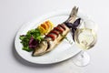 Dish with the baked fish and wine Royalty Free Stock Photo