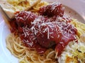 dish with beef balls in red tomato sauce, pasta and toast, traditional Italian food Royalty Free Stock Photo