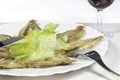 Dish of breaded anchovies with salad and Rioja wine glass Royalty Free Stock Photo