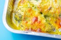 A dish of chicken and cheese is sitting in a baking tray Royalty Free Stock Photo