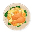 Dish of Chicken and Vegetable Gravy with Greenery Garnishing Vector Illustration