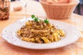 Dish of classic Italian pasta with black truffle and sheep cheese and olive oil. Selective focus, close-up. Royalty Free Stock Photo