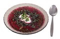 Dish of clear gray glass, cold beet soup, Russian borscht. Royalty Free Stock Photo
