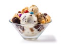 Dish with colored scoops of ice cream with nuts and chocolate chips Royalty Free Stock Photo