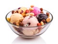 Dish with colored scoops of ice cream with nuts and chocolate chips Royalty Free Stock Photo