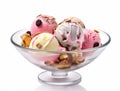 Dish with colored scoops of ice cream with nuts and chocolate chips Royalty Free Stock Photo