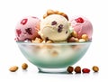 Dish with colored scoops of ice cream with nuts and chocolate chips Royalty Free Stock Photo