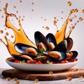 Dish of cooked mussels, shellfish seafood meal