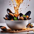 Dish of cooked mussels, shellfish seafood meal