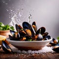 Dish of cooked mussels, shellfish seafood meal