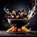 Dish of cooked mussels, shellfish seafood meal