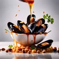 Dish of cooked mussels, shellfish seafood meal