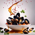 Dish of cooked mussels, shellfish seafood meal