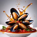 Dish of cooked mussels, shellfish seafood meal