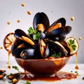 Dish of cooked mussels, shellfish seafood meal