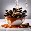 Dish of cooked mussels, shellfish seafood meal