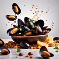 Dish of cooked mussels, shellfish seafood meal