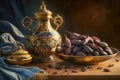 Dish of dates, on an ornate Arab table. Created with generative artificial intelligence technology.