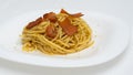 Dish of delicious spaghetti with bottarga, typical Sardinian Cuisine