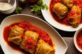 Dish with delicious stuffed cabbage rolls with carrots and herbs