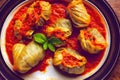 Dish with delicious stuffed cabbage rolls with carrots and herbs