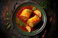 dish with delicious stuffed cabbage rolls with carrots and herbs