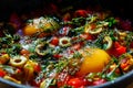 Dish egg in a frying pan with olives, pepper and greens Royalty Free Stock Photo