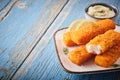 Dish of fishfingers with sauce dip Royalty Free Stock Photo