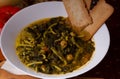 Dish with food of traditional stew of chickpeas and spinach stew