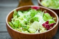 A dish of fresh salad frisse, Romano and radiccio with olive oil, salt and freshly ground percec in a wooden bowl Royalty Free Stock Photo
