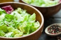 A dish of fresh salad frisse, Romano and radiccio with olive oil, salt and freshly ground percec in a wooden bowl Royalty Free Stock Photo