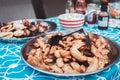 Dish with freshly cooked home french fries potato on table, toned Royalty Free Stock Photo