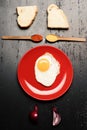 Dish with fried egg near spoons with spices, bread slices