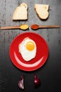 Dish with fried egg near spoons with spices, bread slices