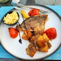 Dish with fried fish and potatoes Royalty Free Stock Photo