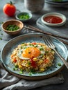 A dish of fried rice topped with a sunnysideup egg on a plate Royalty Free Stock Photo