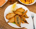 Dish with fried sardines, pilchards or anchovies in batter for traditional Spanish meal Royalty Free Stock Photo