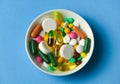 A dish full of pills, tablets, vitamins, drugs, omega 3 fish oil, gel capsules, medicament and food supplement for health care. Royalty Free Stock Photo