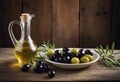 Dish full of selected olives and glass decanter of extra virgin olive oil stand on rural wooden table. Concept of Royalty Free Stock Photo