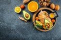 Dish grilled salmon steak with avocado and fresh vegetable salad. Keto diet concept healthy food, Healthy fats, clean eating for Royalty Free Stock Photo